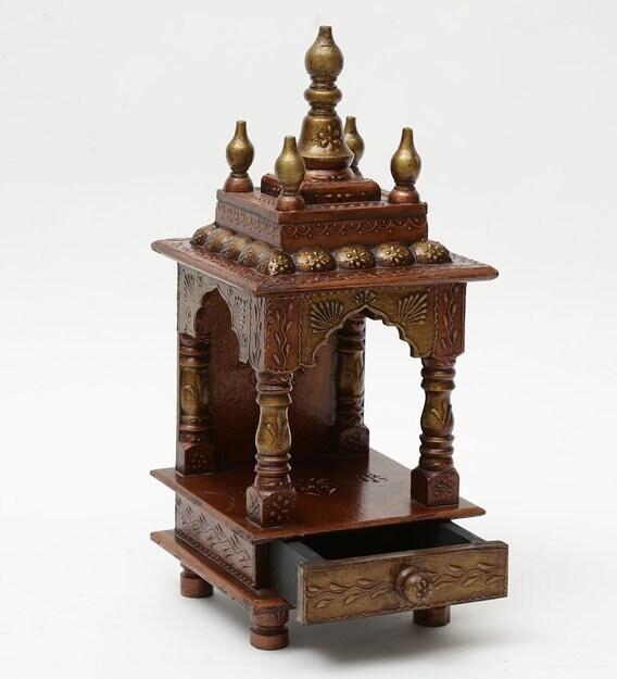 Handmade Wood Mandir: Antique Copper Embossed Wall Shrine