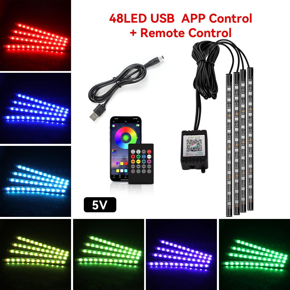4in1 LED RGB Interior Ambient Car Light Strip Foot Light Dynamic Flash Light Music APP Control RGB Color USB/Cig Car Accessories