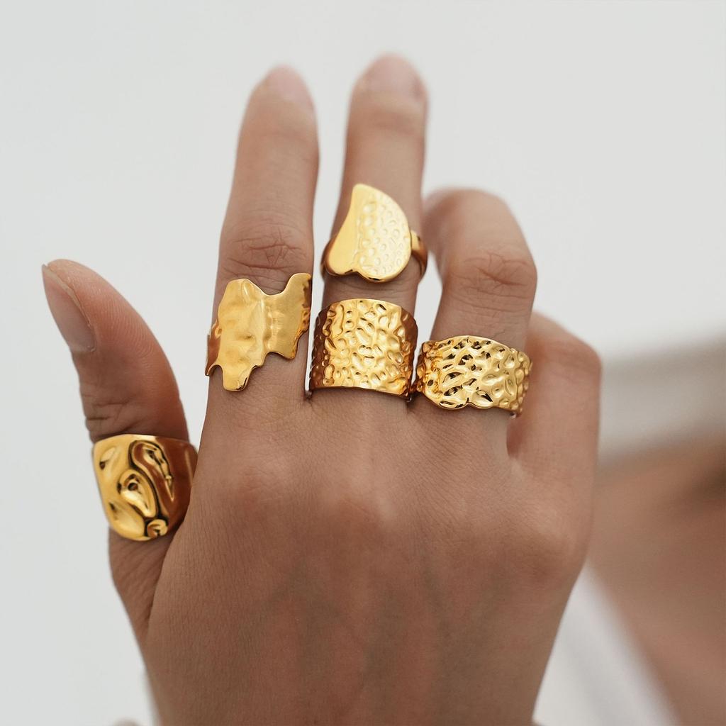 Personalized Ring, Stainless Steel Vacuum Plated 18K Gold Irregular Wide Face Opening Jewelry