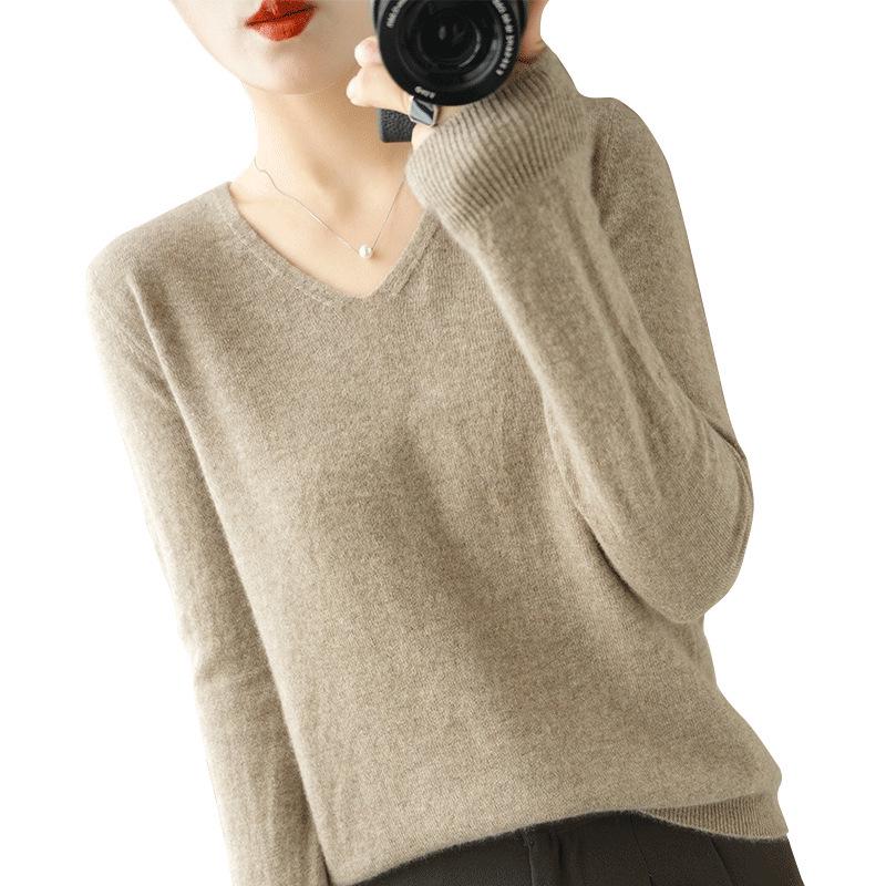 Women's V-Neck Pullover Sweater 2023 - Autumn/Winter Slimming Plus Size Basic Knit Top