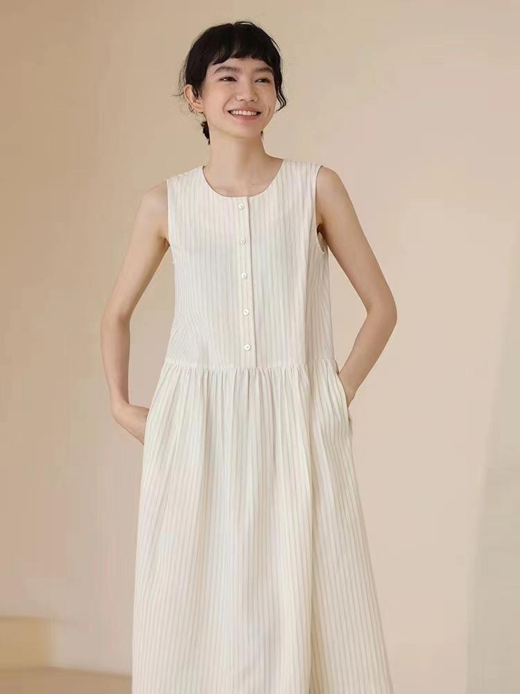 2025 Summer New Fresh Rattan-dyed Striped Vest Skirt Women's Loose and Thin Round Neck Sleeveless Solid Color Dress