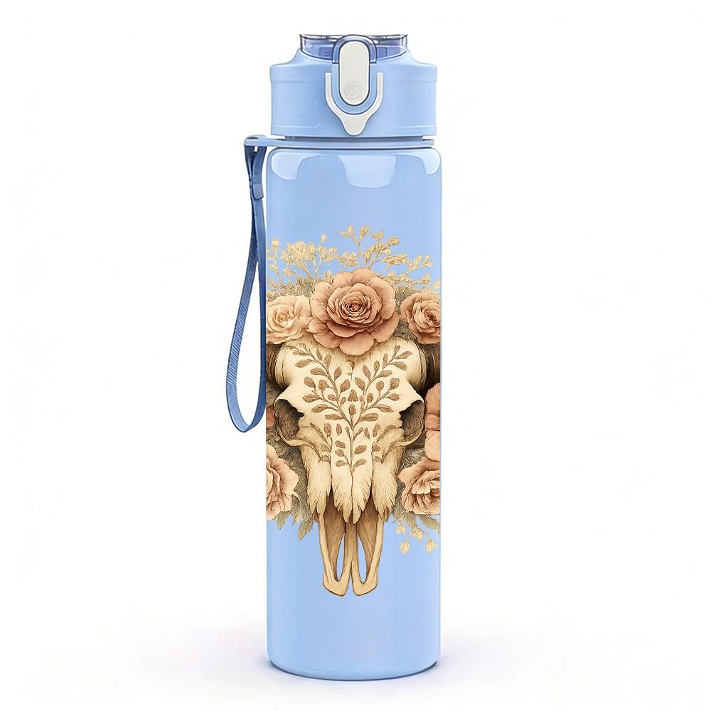 1PC Western Bull Skull Horn 750ml Color Plastic Sports Water Bottle Leakproof Flip Straw Lid Suitable for Sports Office Home Use