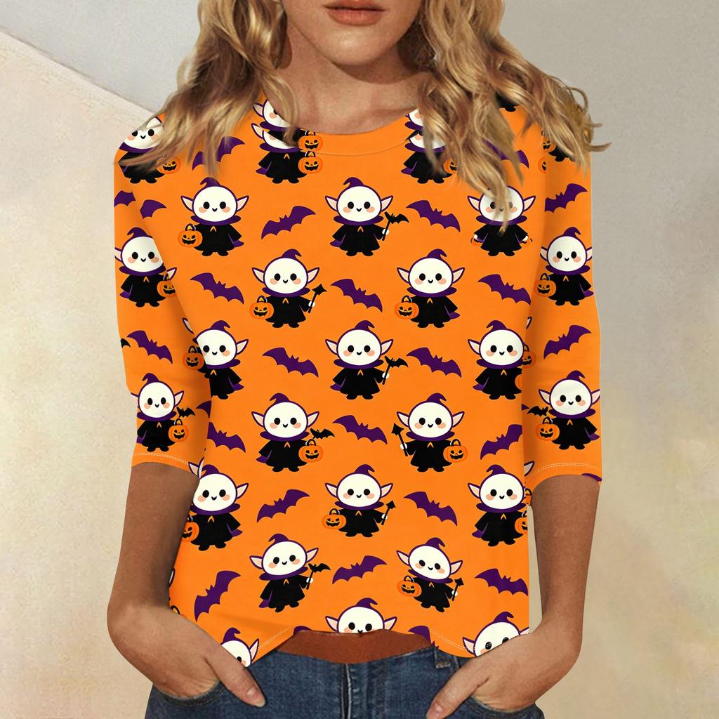 Women’s Casual Three Quarter Sleeve Halloween Print Crew Neck Top with Relaxed Fit for Seasonal Wear and Everyday Outfits