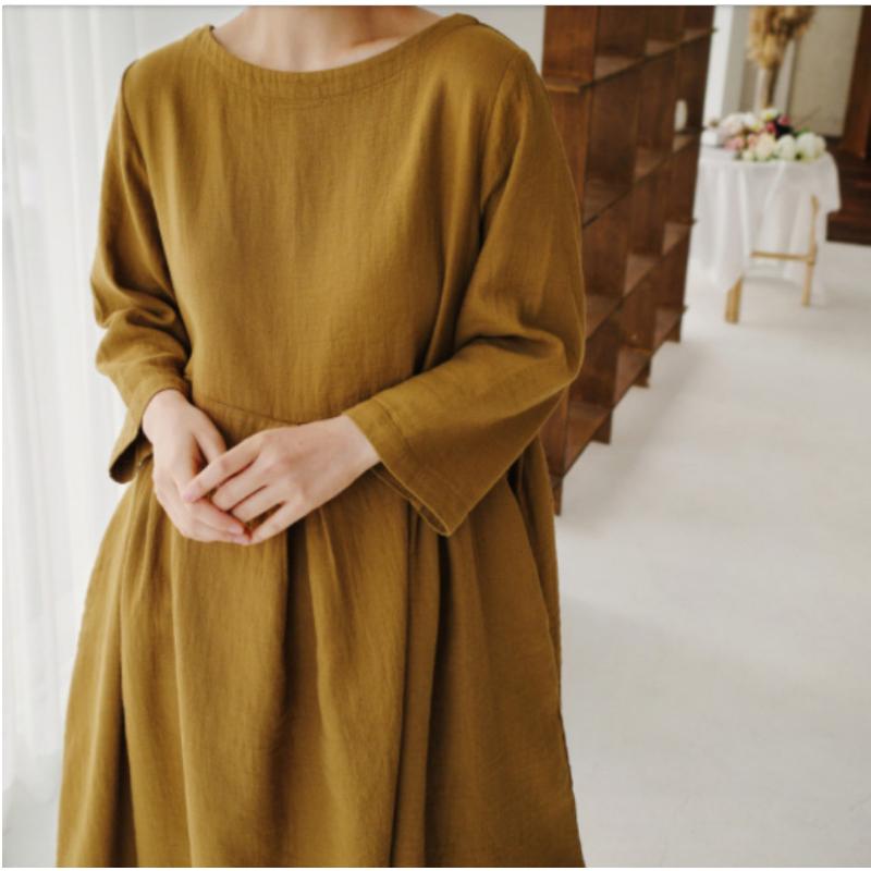 New Women's Plus Size Cotton Linen Dress, Loose Fit Round Neck Long Sleeve Knee-Length Pullover, Japanese Korean Forest Girl Style Casual Summer Dress