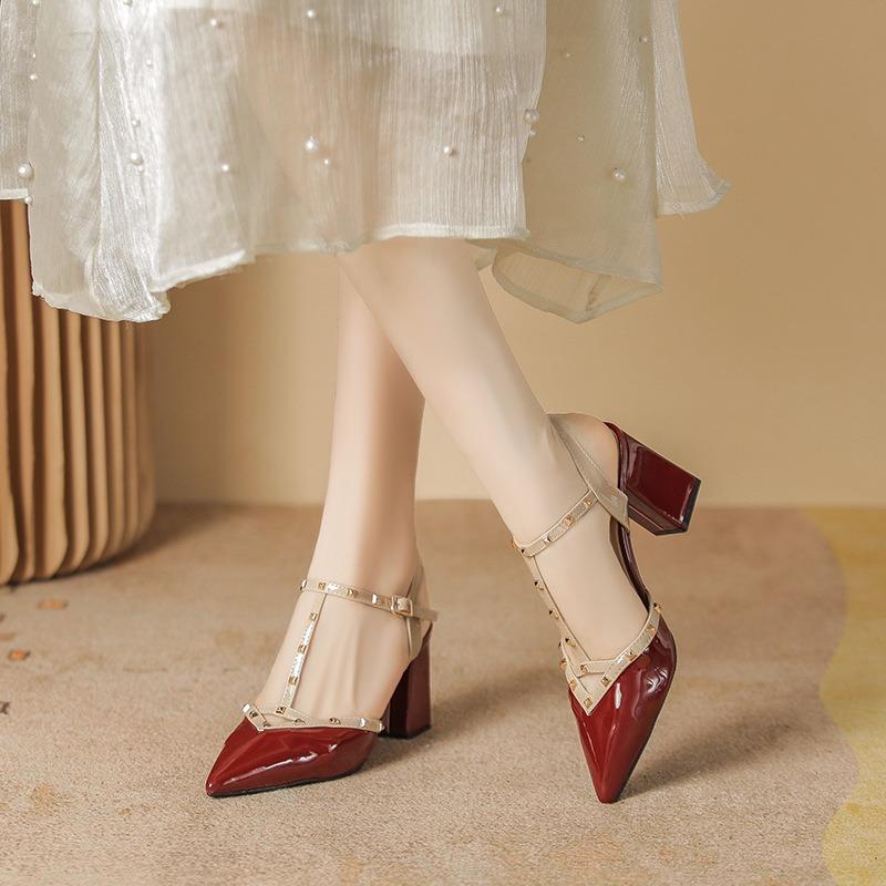 Rivet high heels new air heel comfortable bride single shoes pointed head bag head sandals women's summer