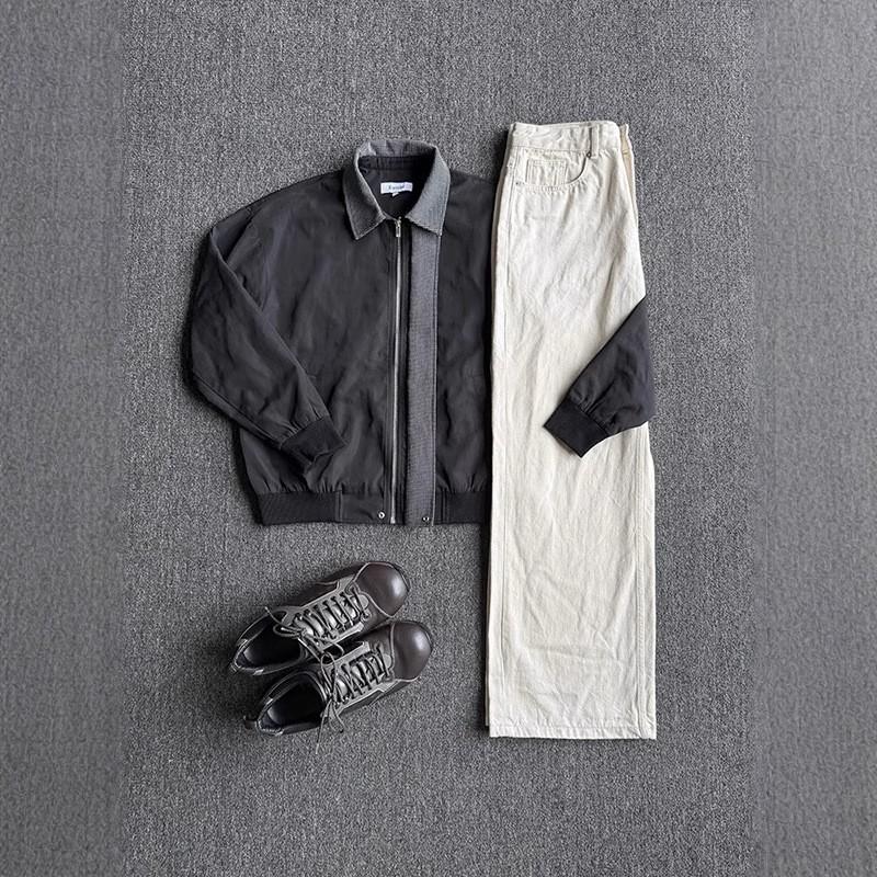 Mens Black Plaid Patchwork Collar Flight Jacket Loose Casual Streetwear Top