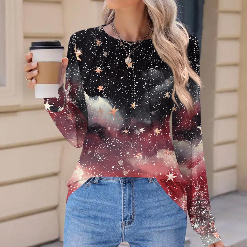 Women's Fashionable Casual Christmas Printed Pleated Comfortable Round Neck Loose Long Sleeve T-Shirt Top