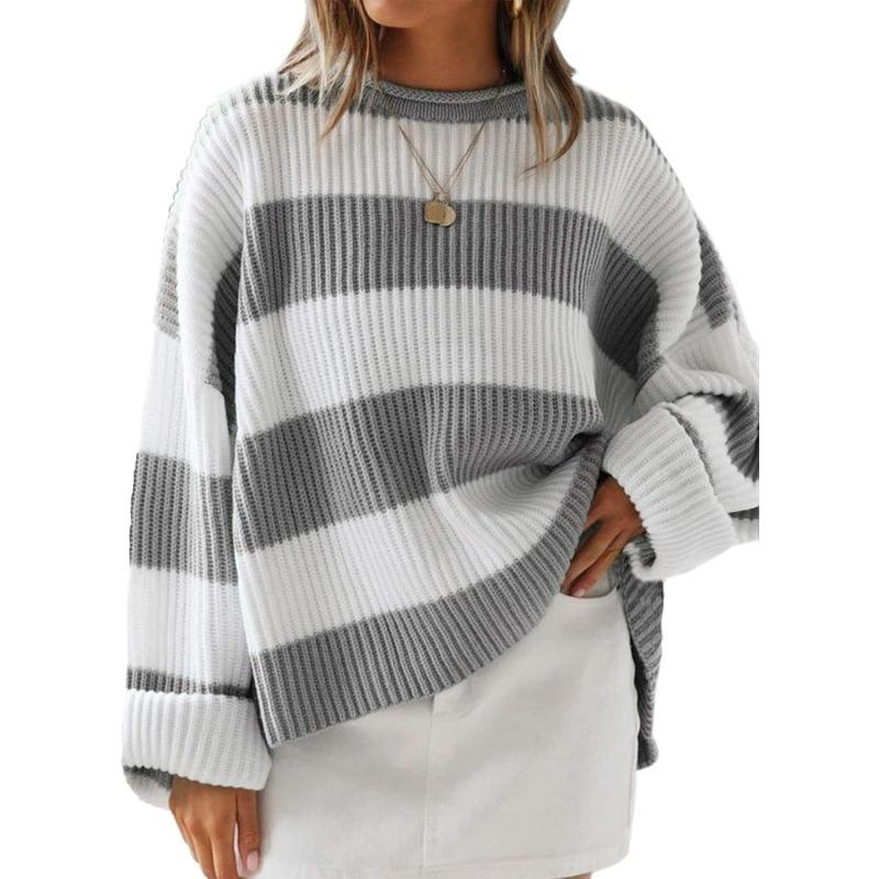 Crew Neck Long Sleeve Striped Knitted Sweater European and American Women's Clothing Horn Sleeve Loose Sweater Women