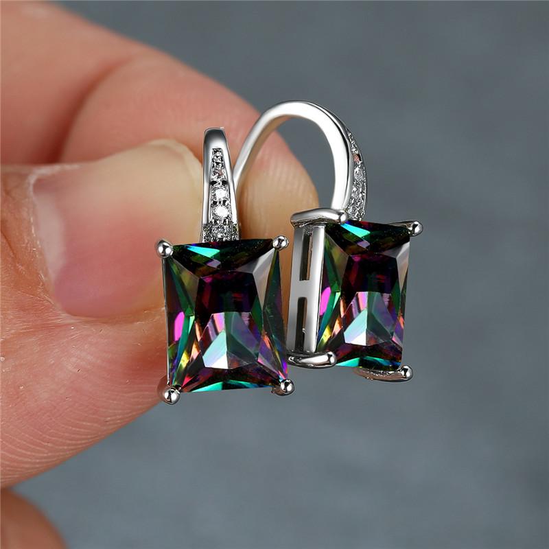 Female Luxury Crystal Zircon Square Stone Hoop Earrings Boho Silver Color Engagement Wedding  For Women Gift