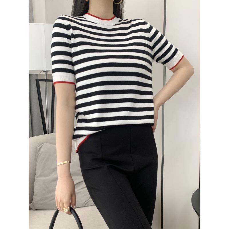 

Женская футболка с коротким рукавом из чистого хлопка на лето, новая, с круглым вырезом, цветная блочная полосатая кофта, модная универсальная футболка с коротким рукавом, топ XXL чёрный