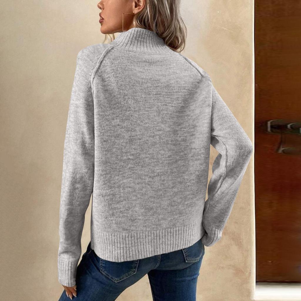 Ladies' Casual Stand Up Collar Knitted Sweater, Solid Color Button Casual Loose Sweater