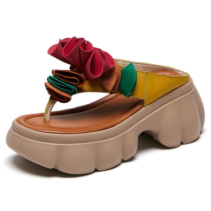 Fashion GKTINOO Genuine Leather Sandals Floral Women Slippers Summer Shoes Platform Outside Slides Thick Soles Leisure Ladies Slippers