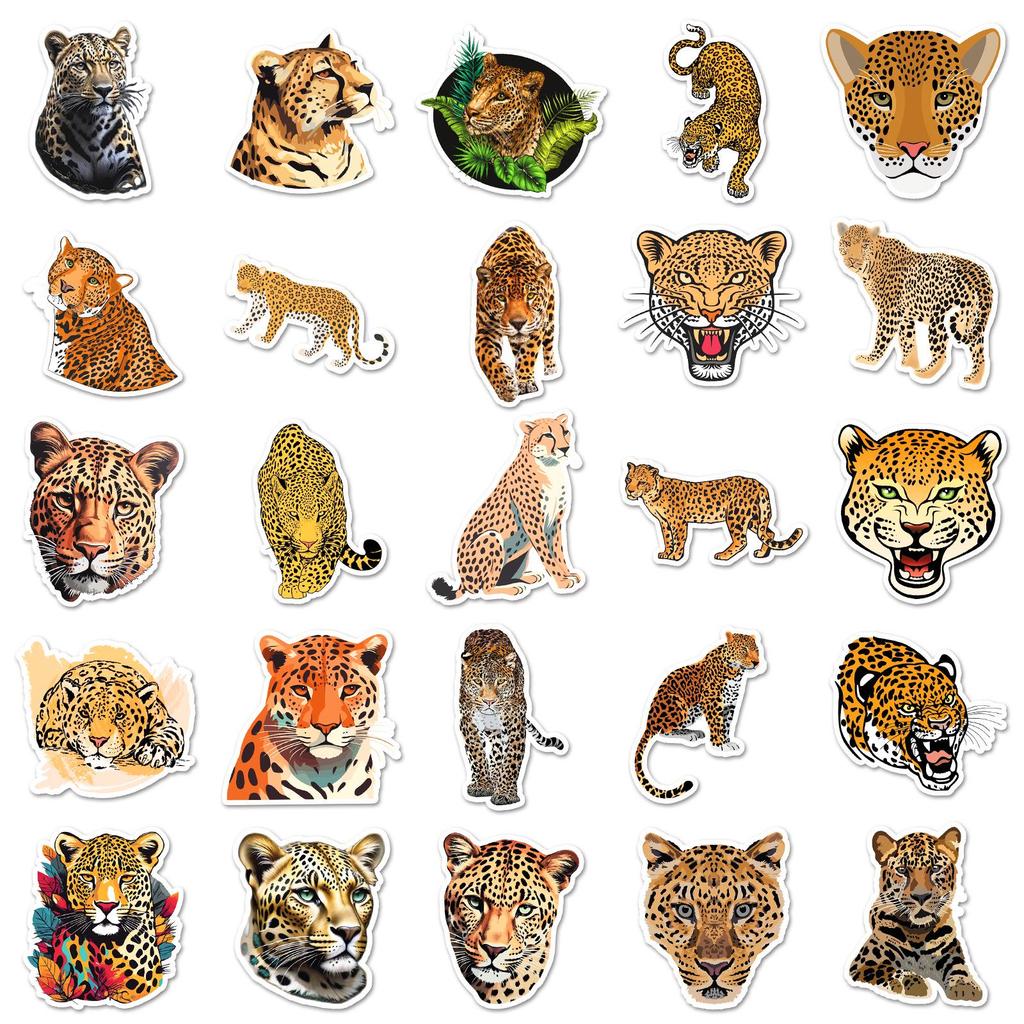 50pcs Waterproof Leopard & Tiger Cartoon Stickers for Journals & Computers