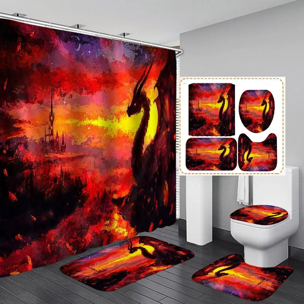 Flying Dragon Printed Waterproof Shower Curtain Set Toilet Cover Mat Non-Slip Bath Rugs Bathroom