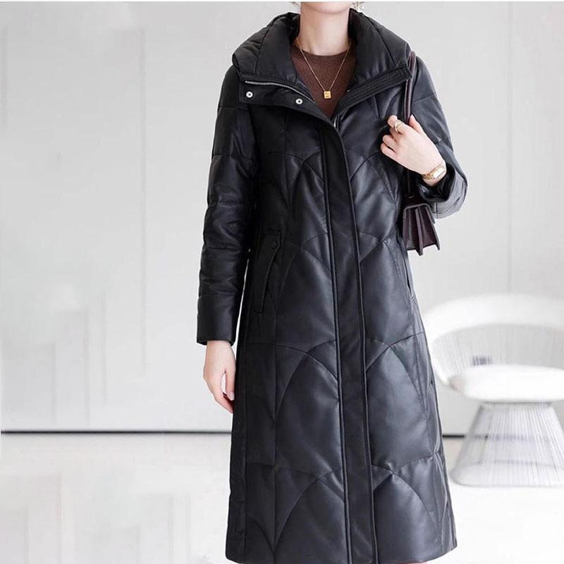 Winter Women's Genuine Leather Jacket Over-the-Knee Long Sheepskin Padded Coat Thickened Windproof Warm Camel Wool Coat