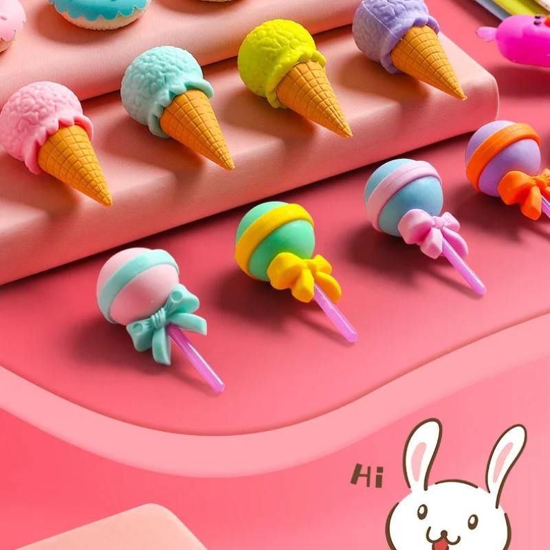 4pcs Yummy Dessert Erasers Set Mini Lollipop Icecream Popsicle Donuts Rubber Pencil Eraser for Kids School Student Award