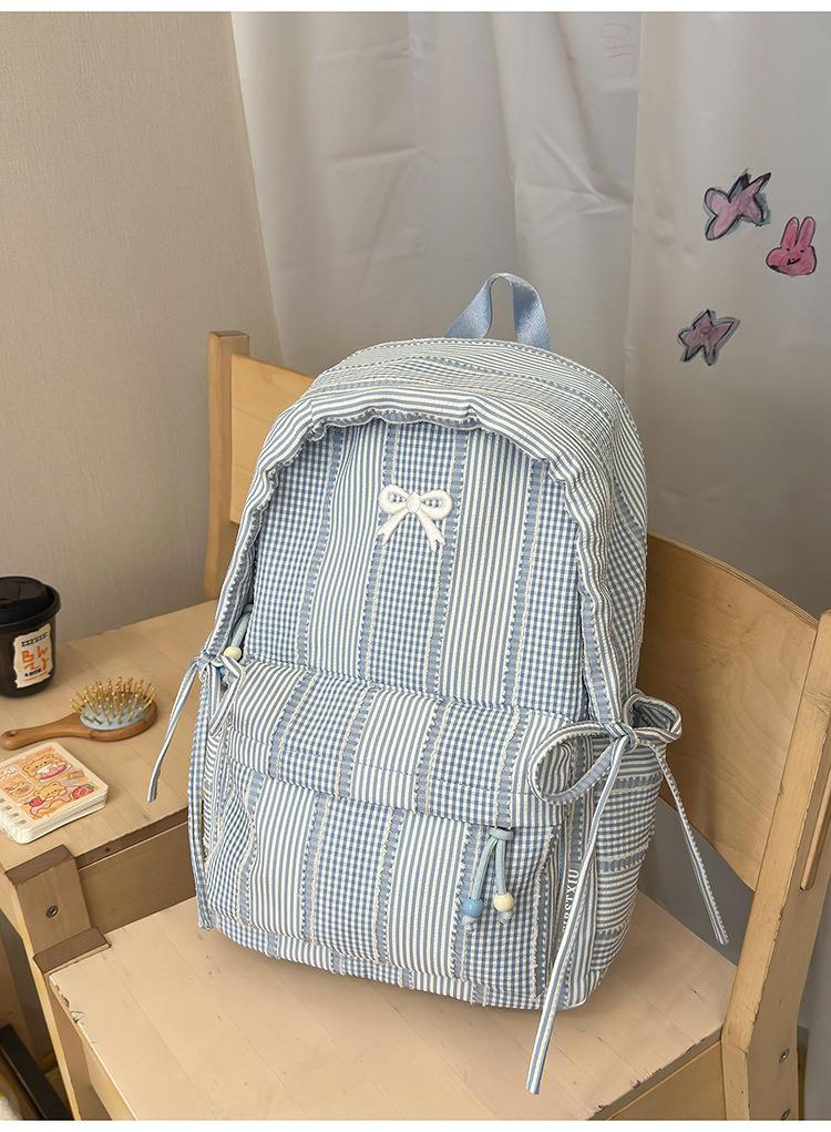 Zaino nebbia di limone texture a righe sequenza fiocco zaino festa studenti dolce ceroso estetico ragazza morbida orologio shopping nello zaino