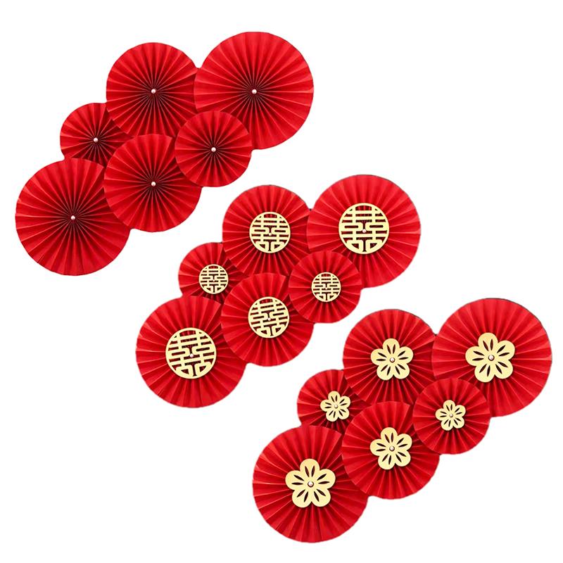 1Set Party Supplies Self-Adhesive Chinese Style Background Wall Paper Crafts DIY Fan Flower Wedding Hanging Festival Decor