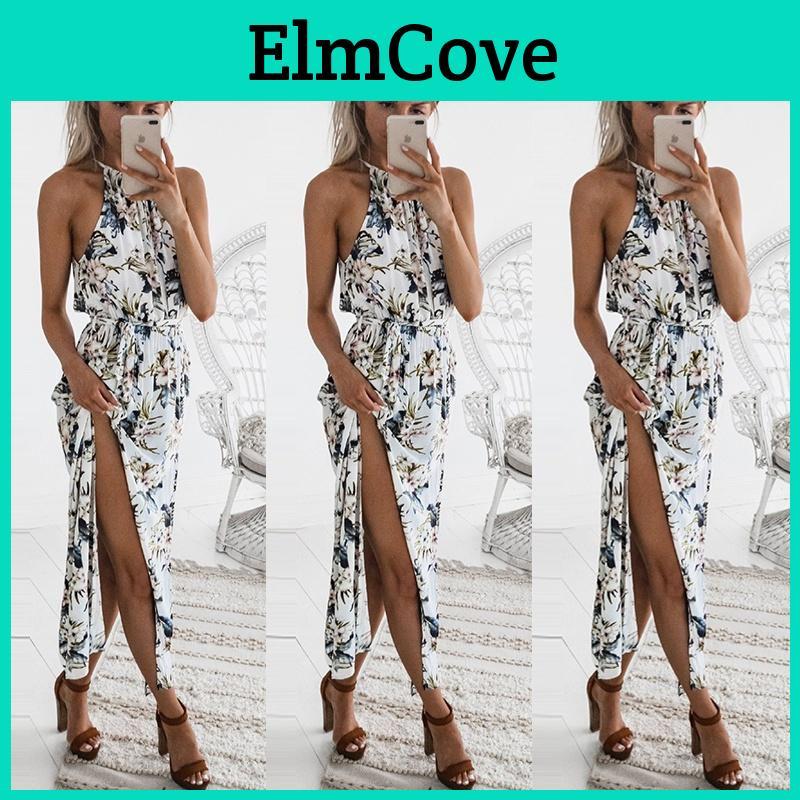 Elegant Women's Flower Print Sleeveless Boho Beach Long Dress For Effortless Style