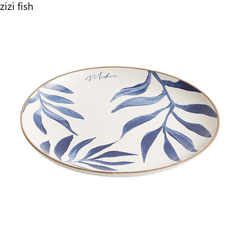 Blue Leaf Ceramic Shallow Plate Creative Steak Plate Dessert Plate Salad Plates Sushi Snack Plates Hotel Featured Tableware