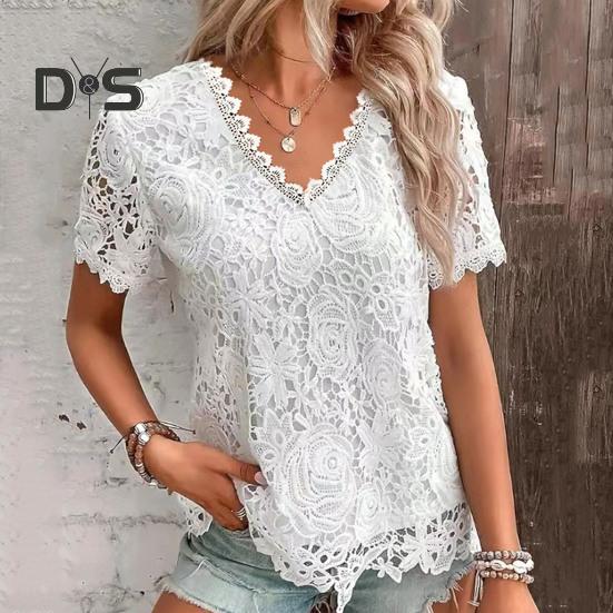 Tricou de vară pentru femei, gât în V, mânecă scurtă, casual, broderie ajurată, dantelă, pulover, topuri streetwear