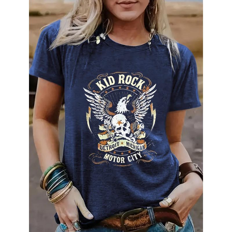 Women s Casual and Fashionable T-shirt with An Eagle Pattern Round Neck and Short Sleeves S королевский синий