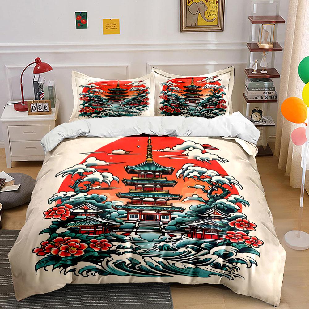 Japanese Pagoda Art Decor Set Multiple sizes kid's and adults' bedroom Exquisite 3PC bedding set gift
