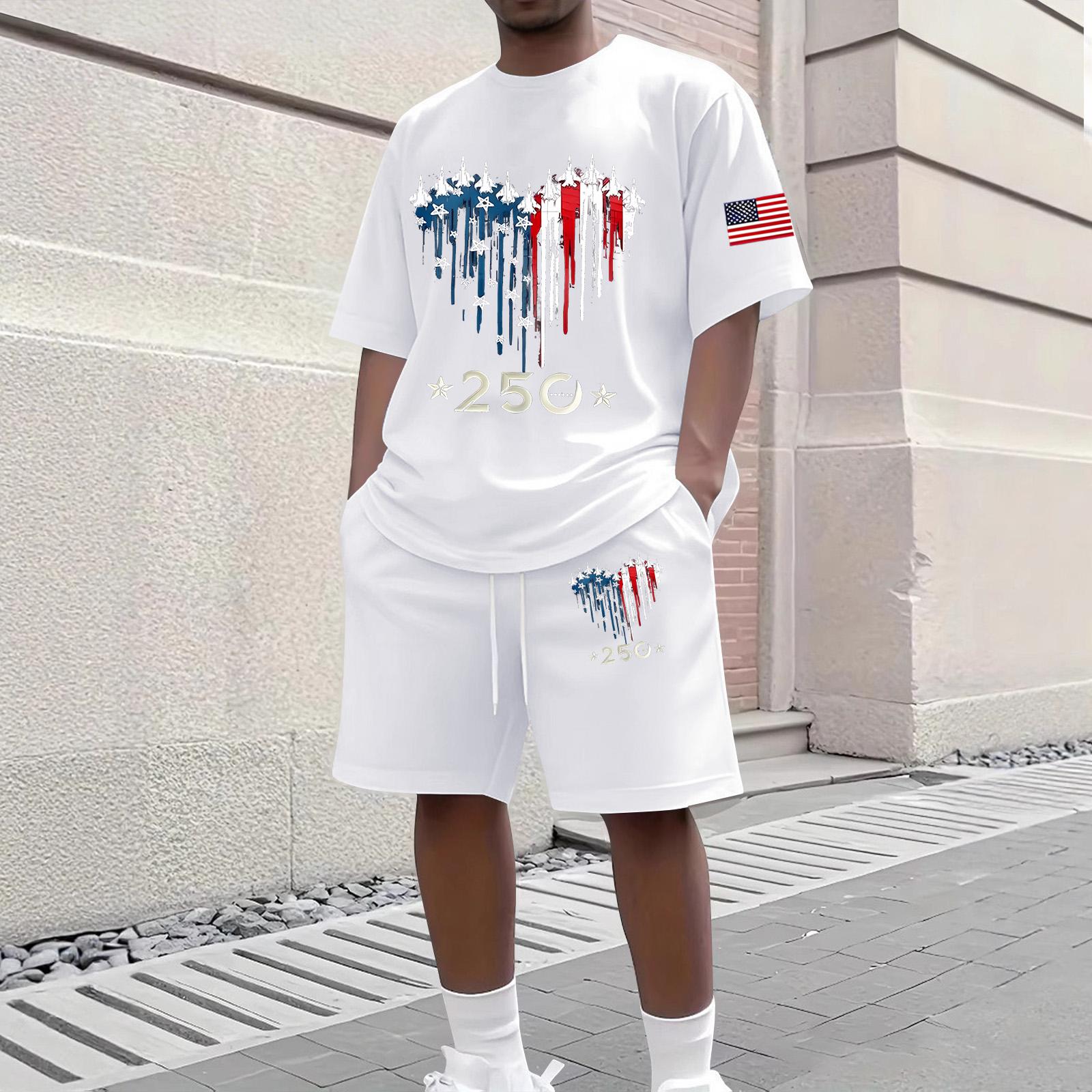 

Men Casual Short Sleeve T Shirt and Shorts Set Crew Neck Two Piece Outfit with Graphic Print and Drawstring Waist for Everyday Wear XXXXL білий
