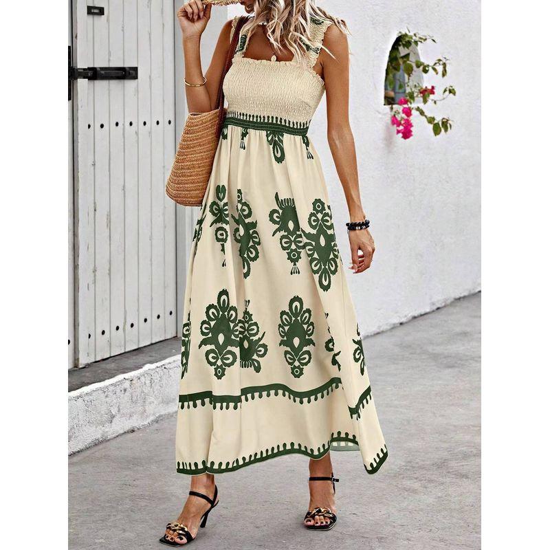 

2025 European and American Women clothes Women Beach Skirt Vacation Style Print Wrap-around Dress Beach Dress Army Green S