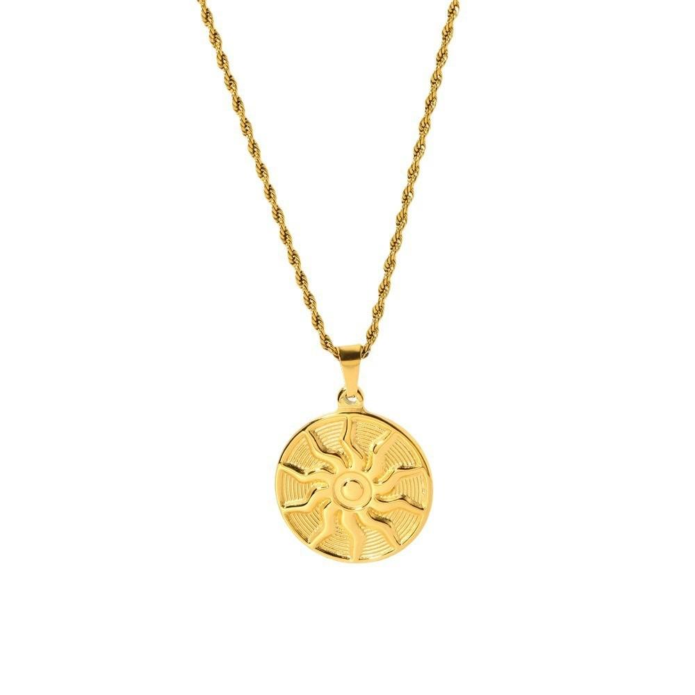 European and American retro niche plated 18K gold sun round brand pendant twist chain necklace stainless steel fashion sweater chain women