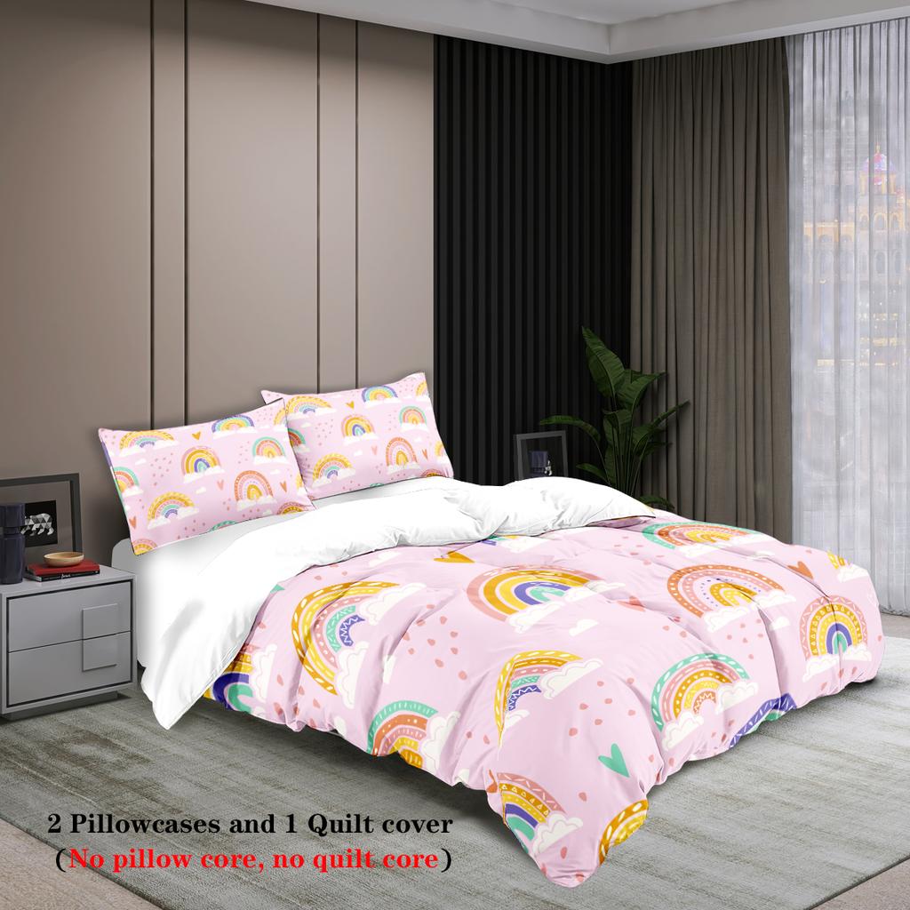 3-piece cartoon pink rainbow pattern print (1 duvet cover+2 pillowcases, no core) soft and comfortable bedding set