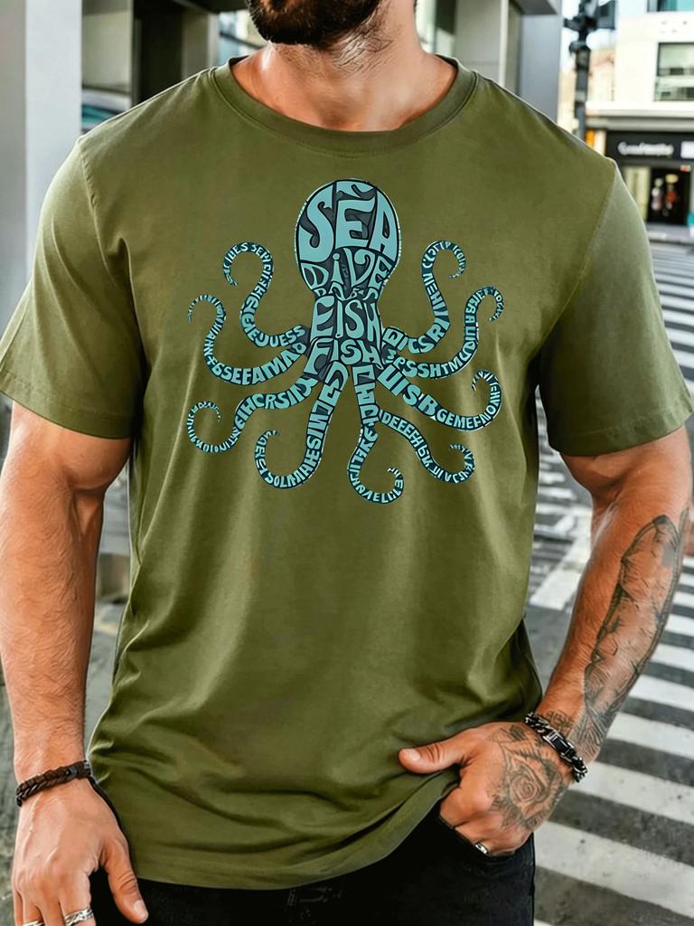 Word Art Octopus Sea Dive Text Graphic Unisexs Front Print T Shirt Ocean Creature Tee Casual Short Sleeve Top Sea Diving Lover Gift