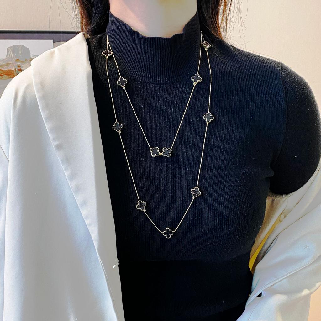 Light Luxury Four-leaf Clover Long Necklace Women with Fall and Winter Sweater Chain High-level Sense of Double Layered Stacked Clothes Pendant