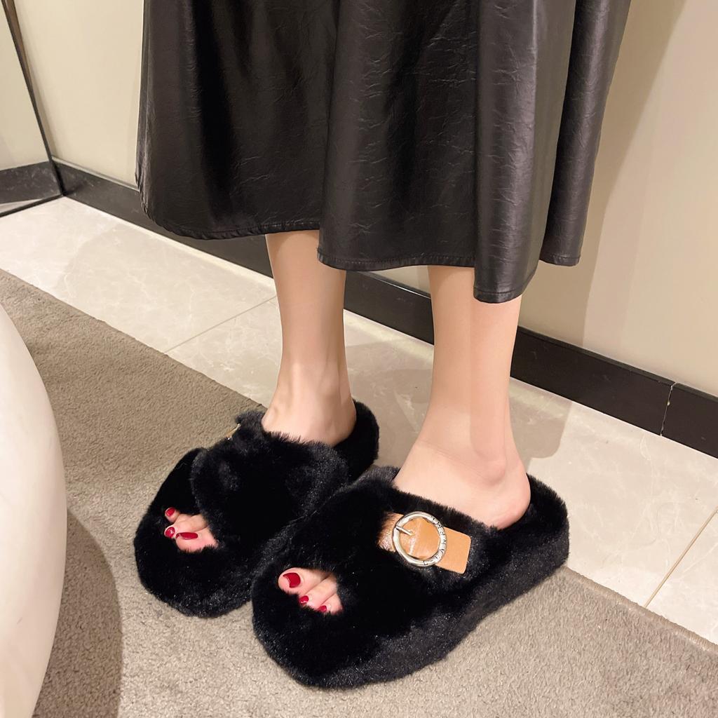 Korean Version Ins Trendy Fluffy Slippers Women's  Autumn Soft Bottom Cross with One-word Drag Casual Outer Wear Versatile Cotton Drag