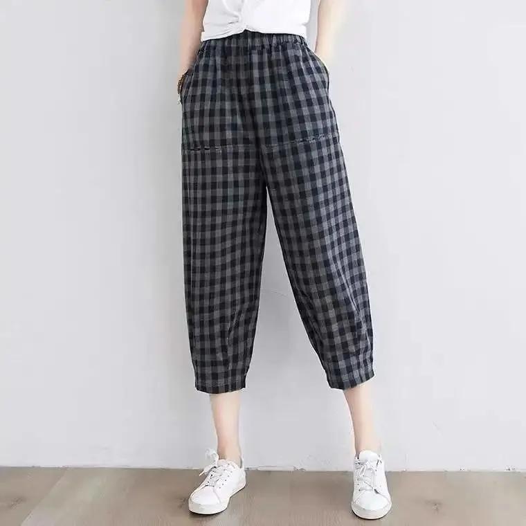

Women s Summer Literary Vintage Casual Checkered Pants Loose-Fit Slimming Harem Cropped Pants S