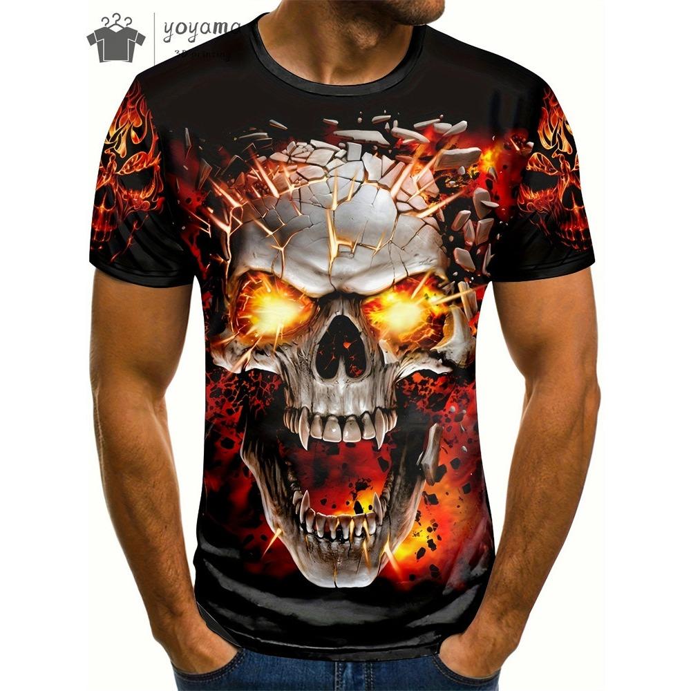 Skräckskalletryck för män T-shirt 3D-tryck Vintage o-halsad kortärmad mode överdimensionerade T-shirts Herr sommar streetkläder