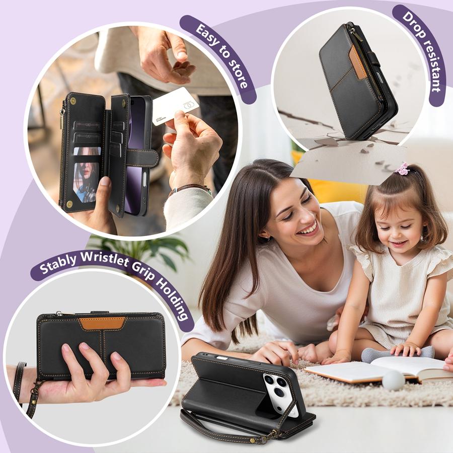 Wallet Multi-card Slot Zipper Kickstand Magnetic Flip Leather Case For iPhone 17 Pro Max Air 16e 15Plus 14 13 12 11 XR 8 7 Cover