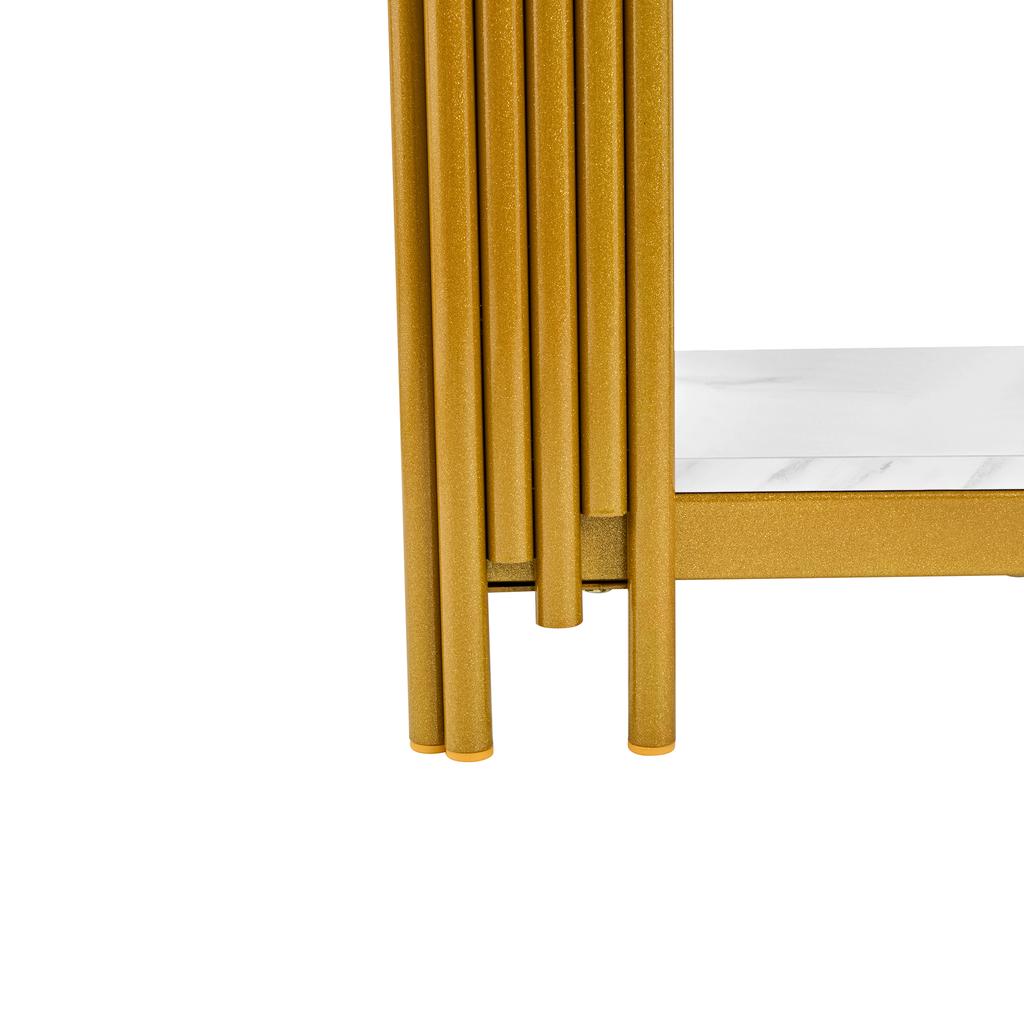 Nightstand with 2 Shelves, Gold Metal Frame with Glitter Effect, Marble Look, MDF for Bedroom, Living Room and Hallway, White & Gold-H55/W43/D40 cm