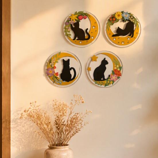 Healing Atmosphere Wall Art 4Pcs Wooden Cat Decor, 2D Flat Round with Flower Creative Animal Hangings Moon Elements, Lightweight Decorative