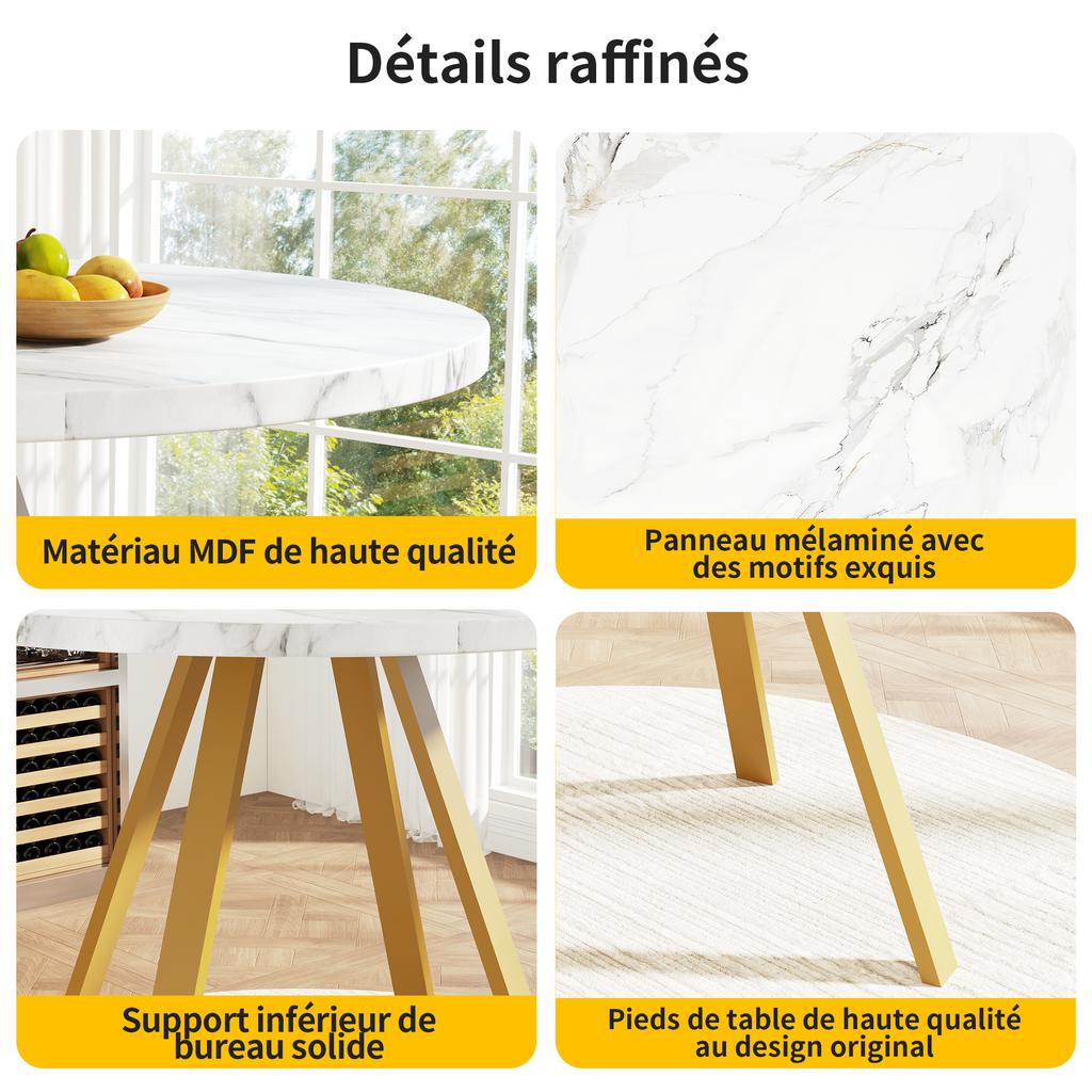 Round Dining Table (80×80×75cm), Coffee Table for 4 People, Dining Room, Living Room, Metal Table Legs, White Marble Pattern and Gold Table Legs