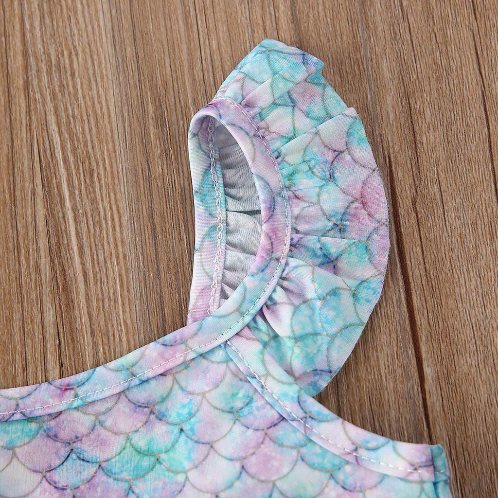 Costume de baie sirenă pentru fetițe, costume de baie dintr-o singură piesă cu cântare de pește, costum de baie fără mâneci cu volane și fustă tutu