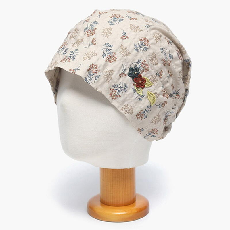 Women s Floral Embroidered Hooded Beanie Mom s Shirring Hat Navy