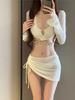 4Pcs Swimsuit Women Fashion Solid Padded Bikinis Sets Bathing Suit Sexy Beach Party Cover Up Long Sleeve Crop Tops and Wrap Skirt
