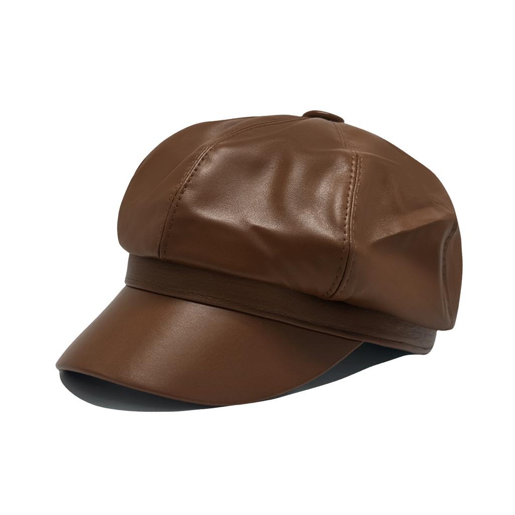 Pu Leather Octagonal Hat For Women Autumn Winter British Retro Newsboy Cap With Sun Protection And Warmth