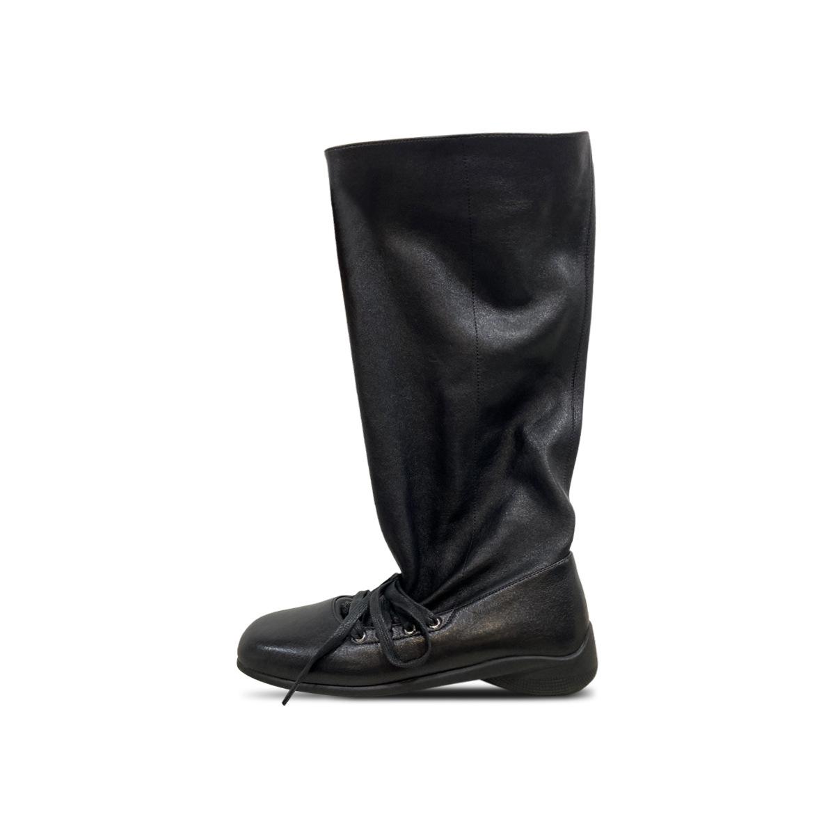 

Retro big tube circumference pleated stacking boots women s 2025 new Korean version lace-up thick heel medium tube boots flat ballet boots 40