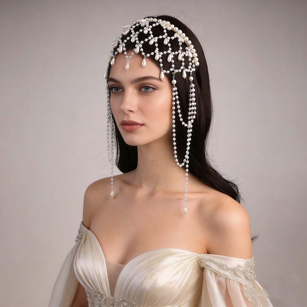 Handmade Tassel Pendant Forehead Chain Hair Jewelry Pearls Chain Headbands Wedding Ceremony