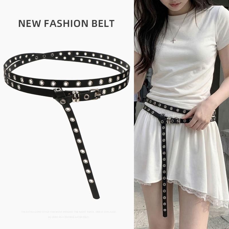 Womens PU Double Layer Thin Belt With Alloy Pin Buckle Y2K Streetwear Fashion Accessory Casual Outfits
