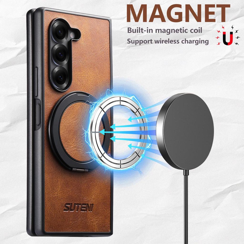Samsung Z Fold7/6/5 Magnetic Wireless Charging Leather Case with 360° Rotating Ring Stand