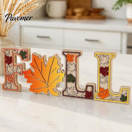 Solid Wood Harvest Theme Signs 4Pcs/Set Fall Wooden Tabletop Signs, Autumn Maple Leaf Letter Decorations for Table Tiered Tray Fireplace Dining