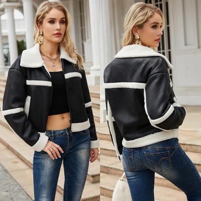 Women’s Suede Faux Leather Jackets Plush Fleece Lined Lapel Zipper Short Coat Long Sleeves Windproof Warm Bomber Jacket Loose Fit Outer Wear